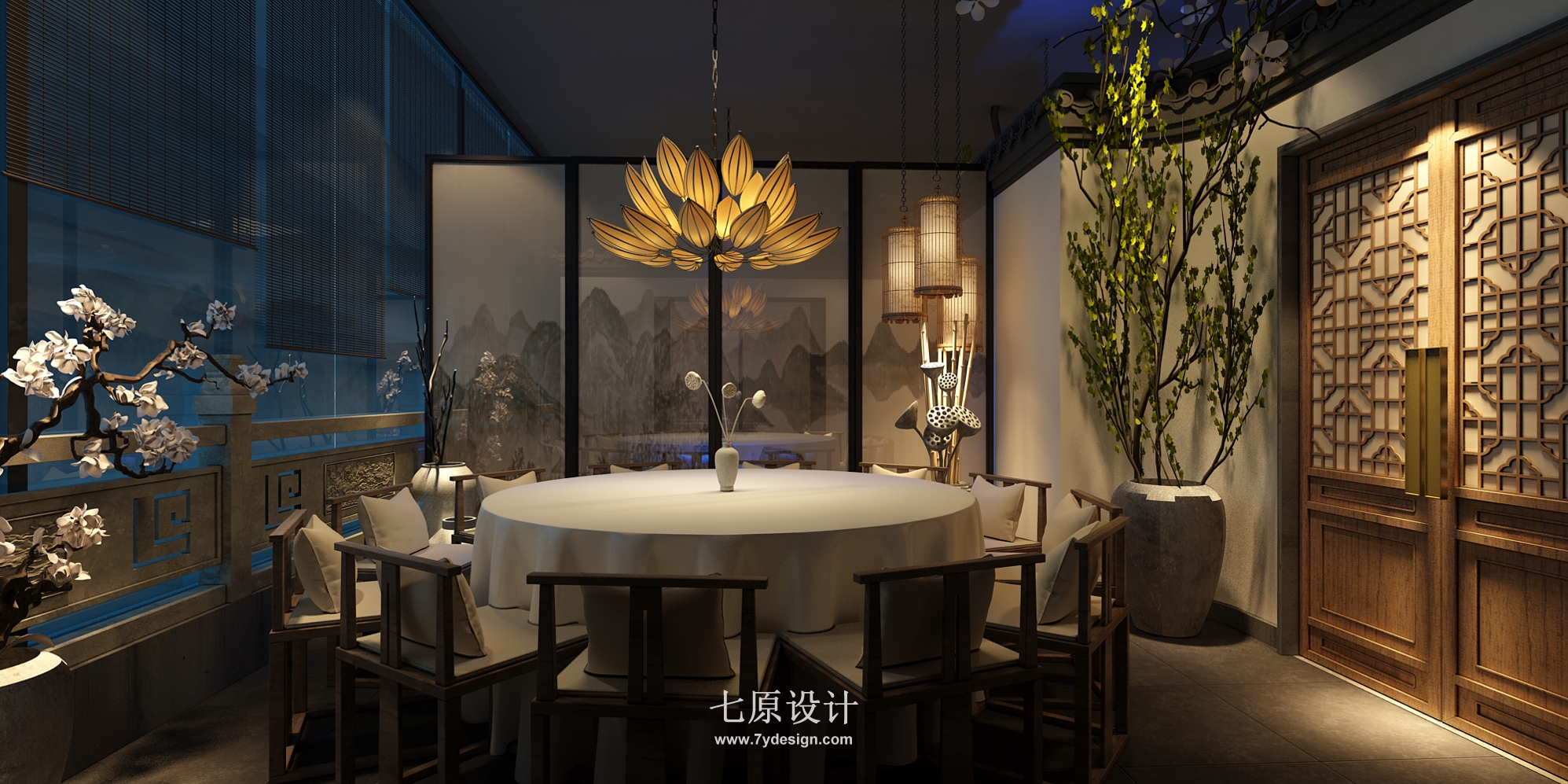 蓝之莲中餐厅设计效果图_七原设计