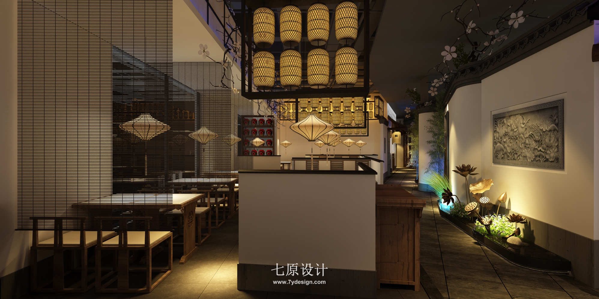 蓝之莲中餐厅设计效果图_七原设计